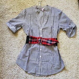 6 Degrees Blue White Pinstripe 3/4 Sleeve Belted Tunic Top Size Medium NEW